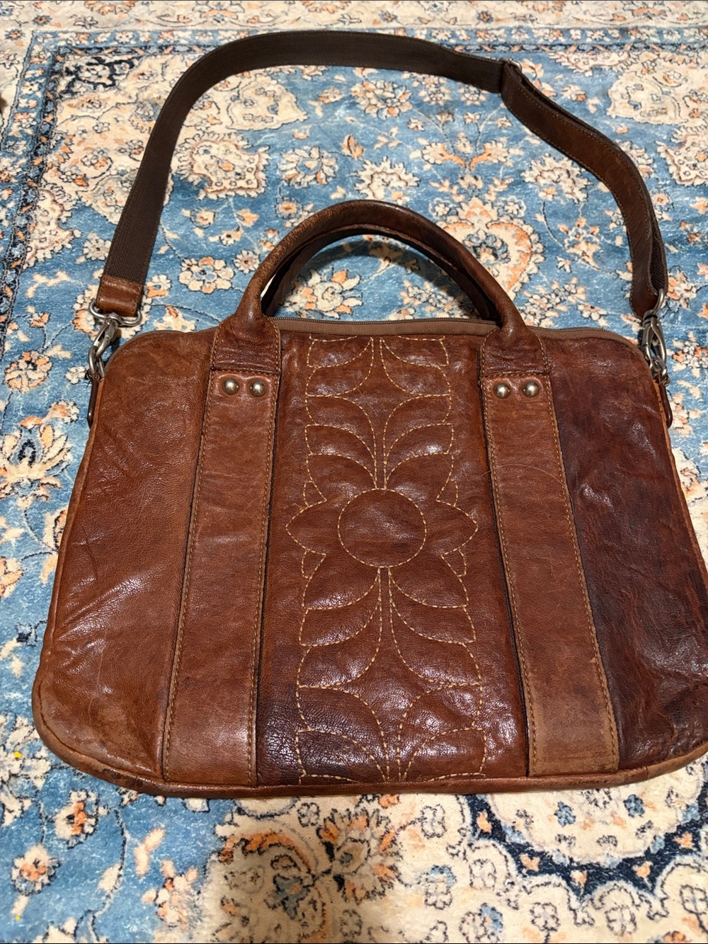 Fossil Brown Leather Laptop Messenger with Floral Stitching